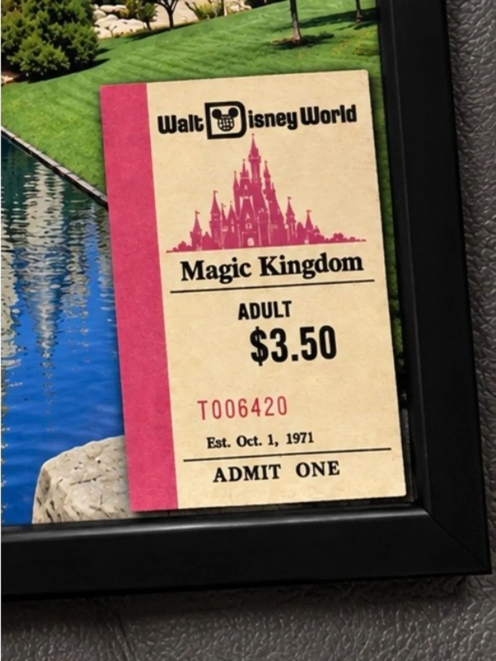 Walt Disney World Magic Kingdom 1971 Ticket Reprint Framed w/ Cinderella Castle